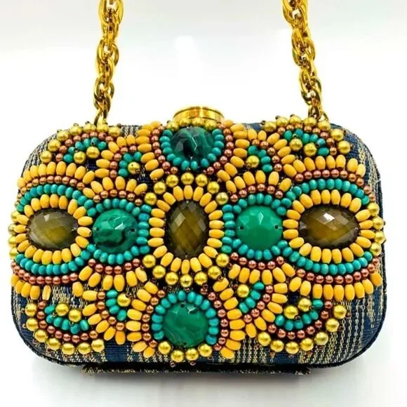 Auth Rafe Minaudière Beaded Boho Canvas Box Clutch Gold-Tone Chainlink Strap - Picture 4 of 15